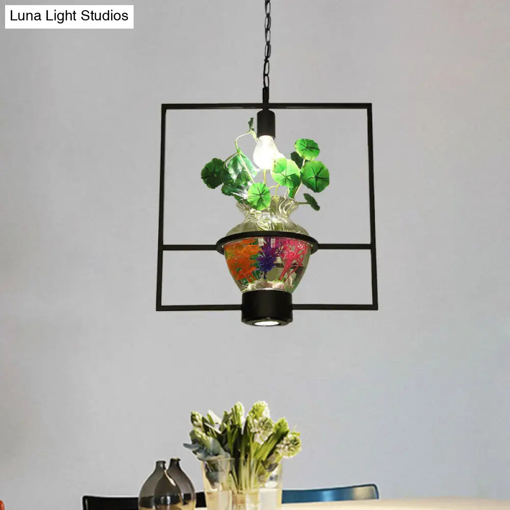 Black Frame Hanging Lamp: Modern Metallic Pendant Lighting Fixture For Dining Room With Urn Plant