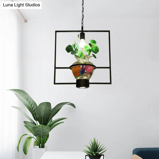 Black Round/Square Frame Hanging Lamp: Modern 1 Head Pendant Lighting Fixture For Dining Room With