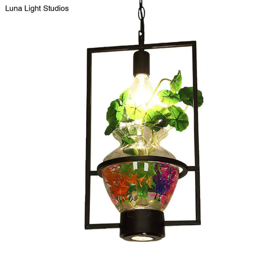 Black Frame Hanging Lamp: Modern Metallic Pendant Lighting Fixture For Dining Room With Urn Plant