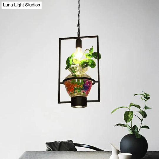 Black Frame Hanging Lamp: Modern Metallic Pendant Lighting Fixture For Dining Room With Urn Plant