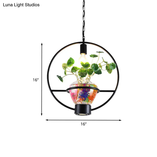 Black Frame Hanging Lamp: Modern Metallic Pendant Lighting Fixture For Dining Room With Urn Plant