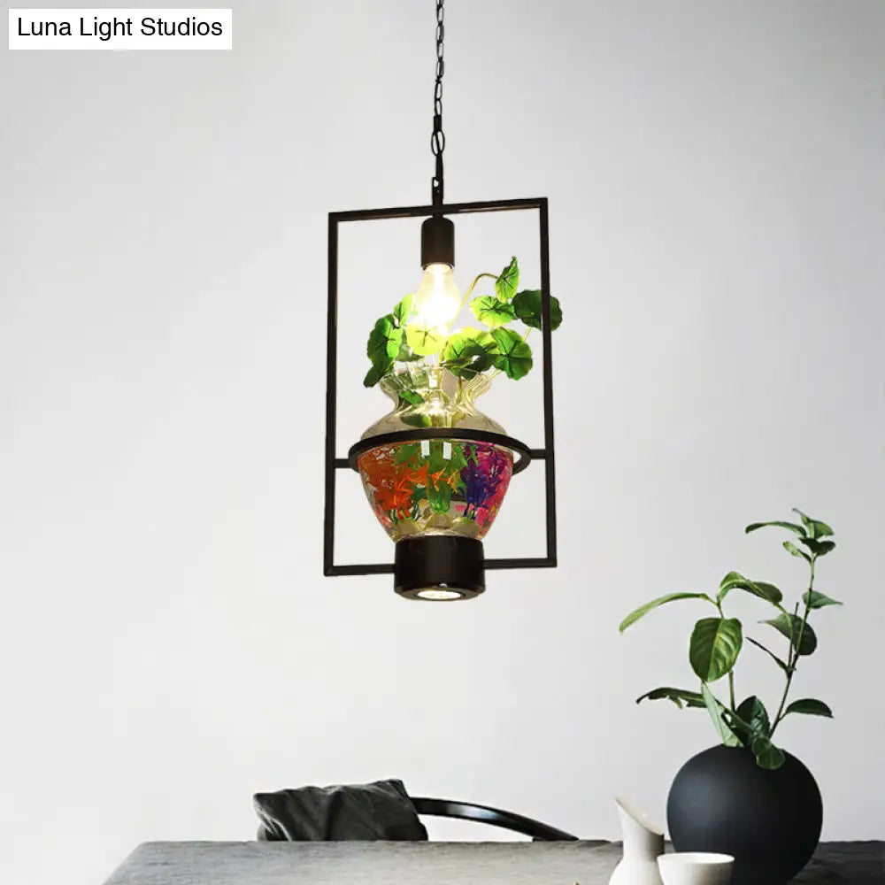 Black Round/Square Frame Hanging Lamp: Modern 1 Head Pendant Lighting Fixture For Dining Room With