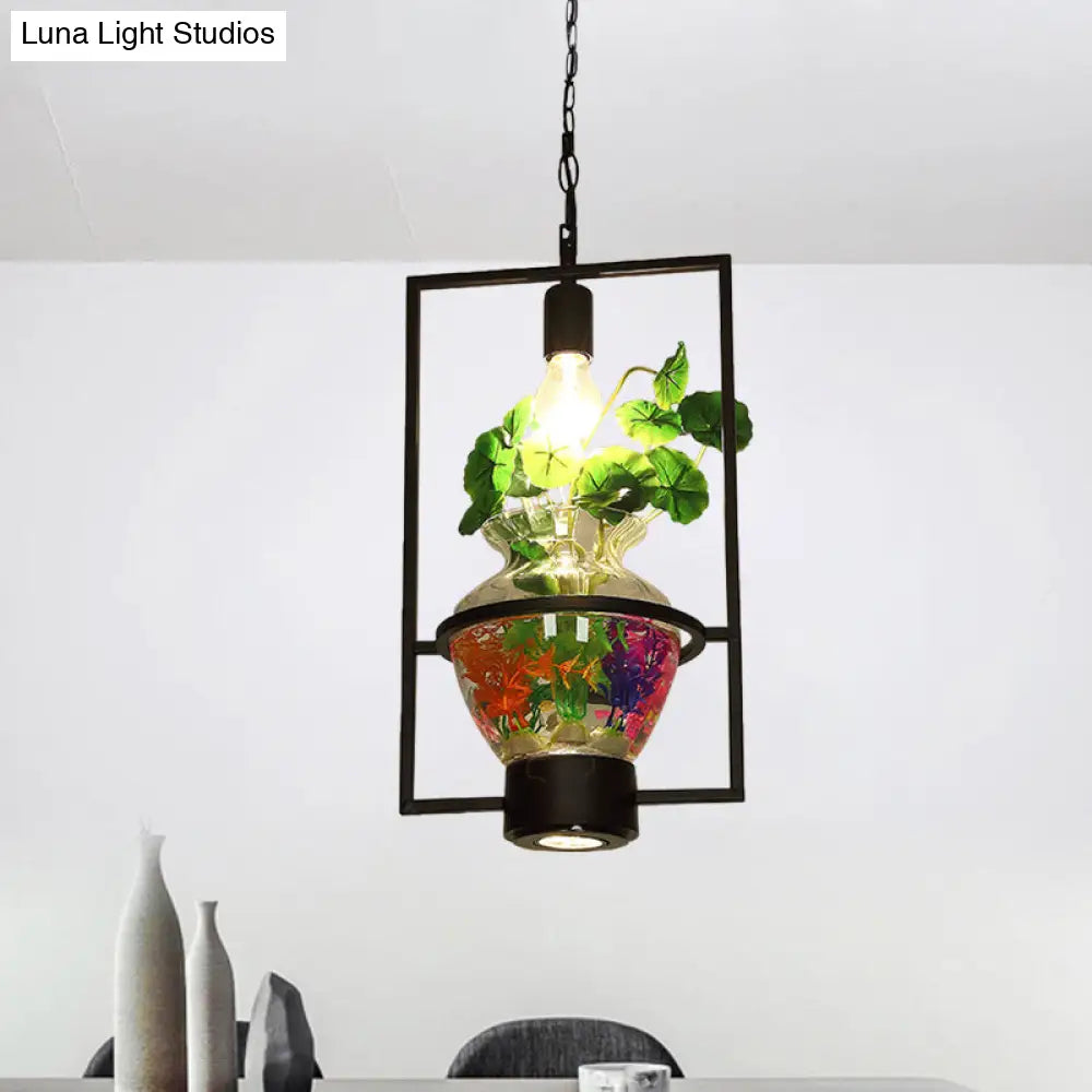 Black Frame Hanging Lamp: Modern Metallic Pendant Lighting Fixture For Dining Room With Urn Plant