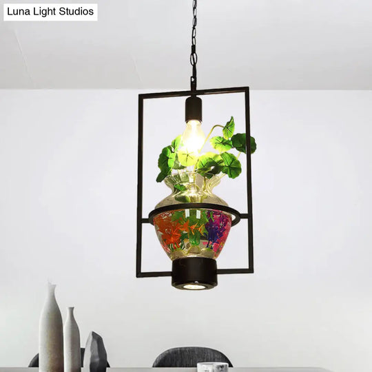 Black Frame Hanging Lamp: Modern Metallic Pendant Lighting Fixture For Dining Room With Urn Plant