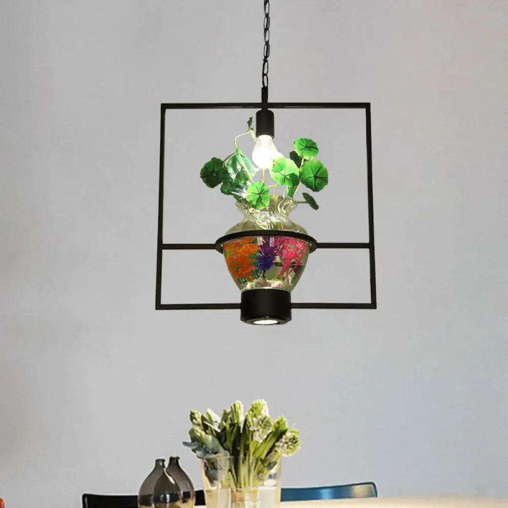 Black Round/Square Frame Hanging Lamp: Modern 1 Head Pendant Lighting Fixture For Dining Room With