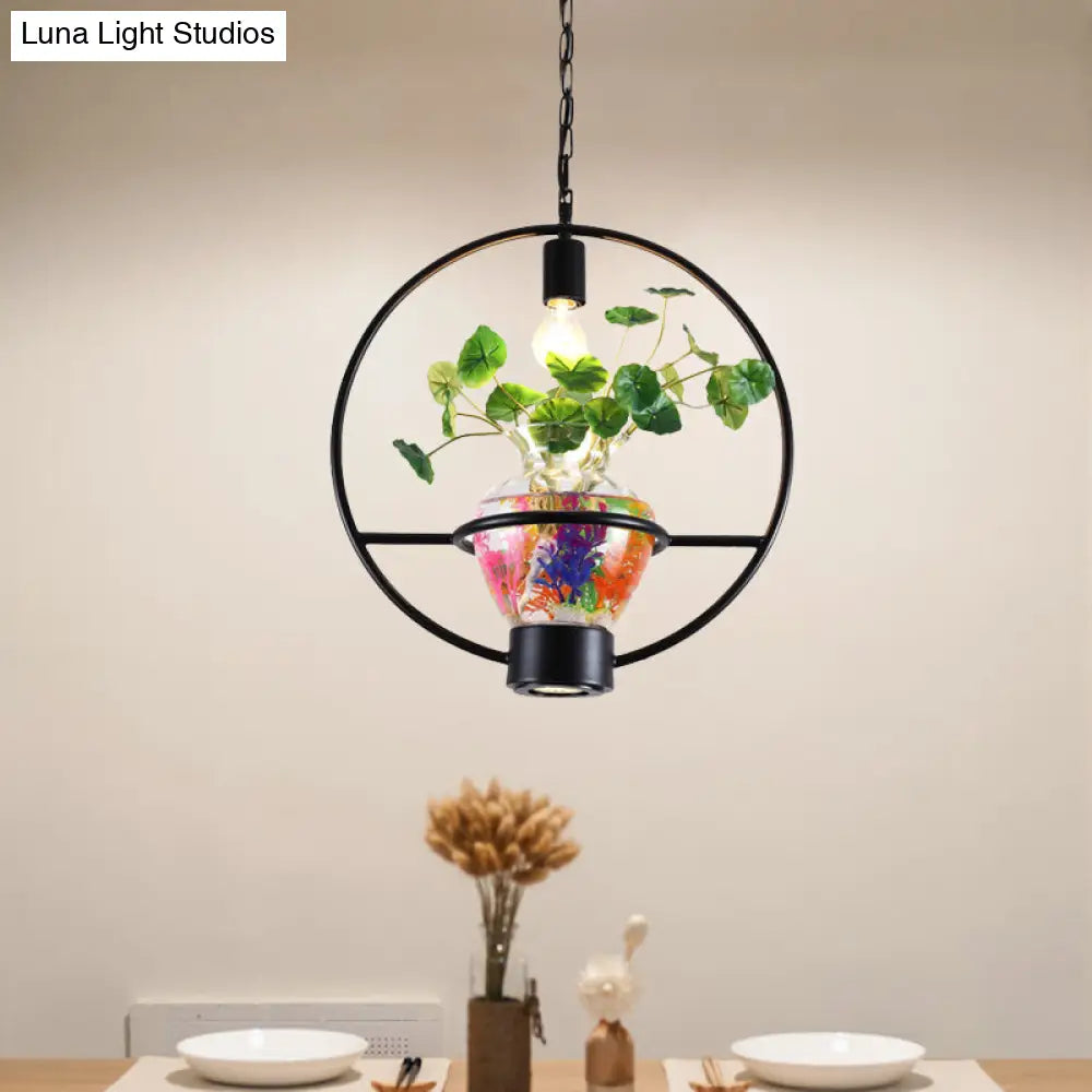 Black Frame Hanging Lamp: Modern Metallic Pendant Lighting Fixture For Dining Room With Urn Plant