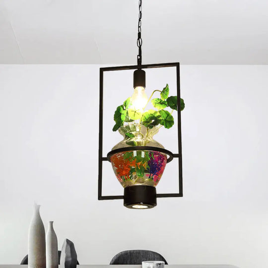 Black Round/Square Frame Hanging Lamp: Modern 1 Head Pendant Lighting Fixture For Dining Room With