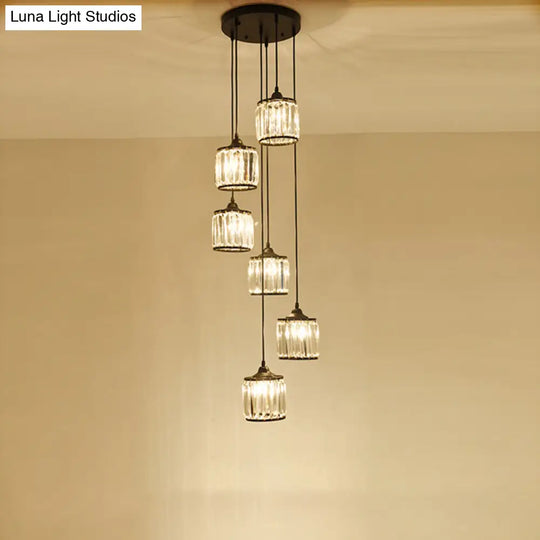 Black Rustic Drum Shade Crystal Pendant - Multi Light Down Lighting For Dining Room