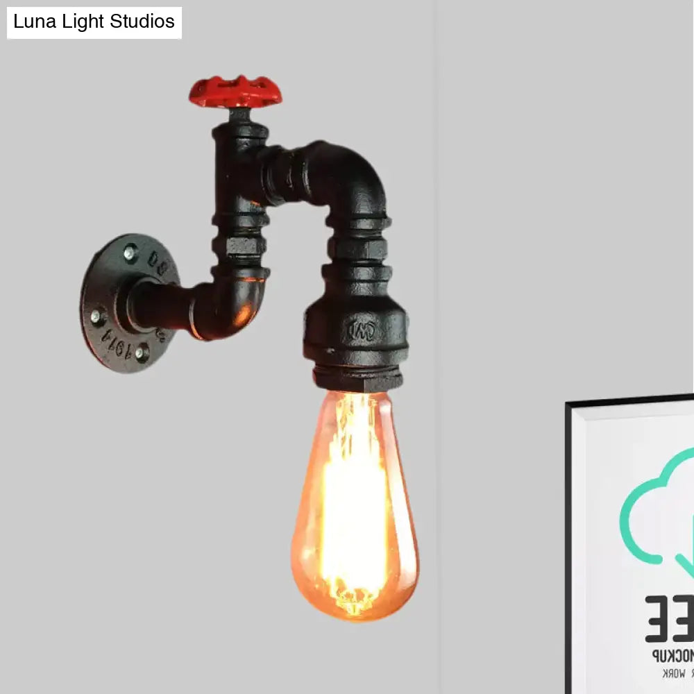 Black Rustic Industrial Wall Sconce Light With Red Faucet Valve For Living Room