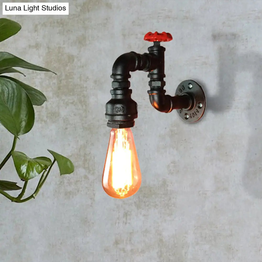 Black Rustic Industrial Wall Sconce Light With Red Faucet Valve For Living Room