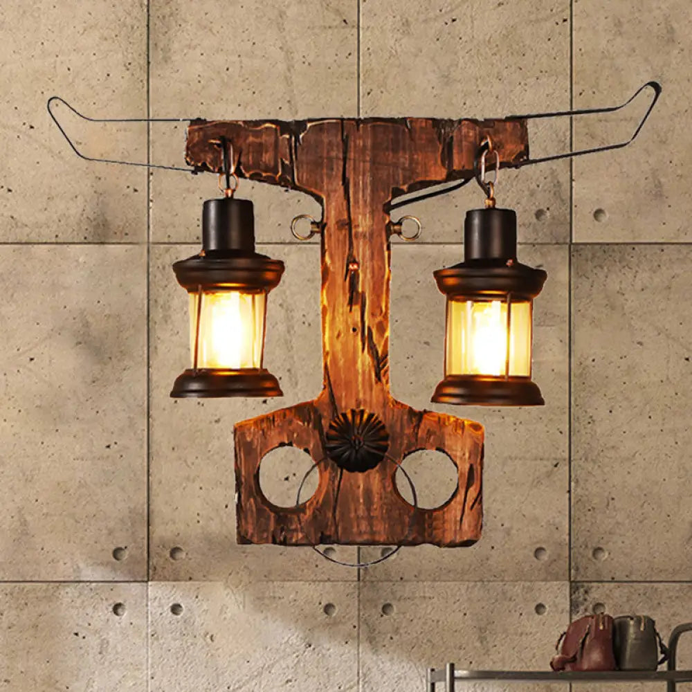 Black Rustic Lantern Sconce Light Fixture With Clear Glass - 2-Light Wall Lamp Wooden Backplate