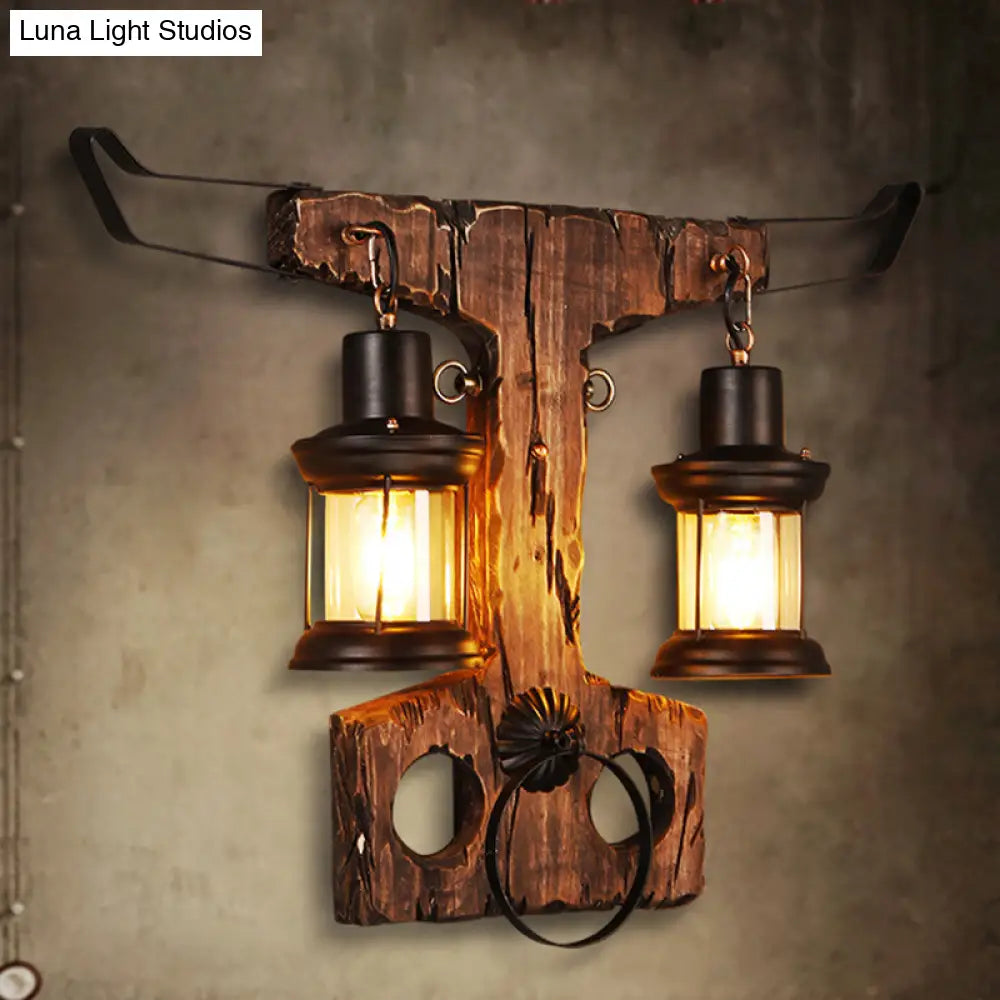 Black Rustic Lantern Sconce Light Fixture With Clear Glass - 2-Light Wall Lamp Wooden Backplate