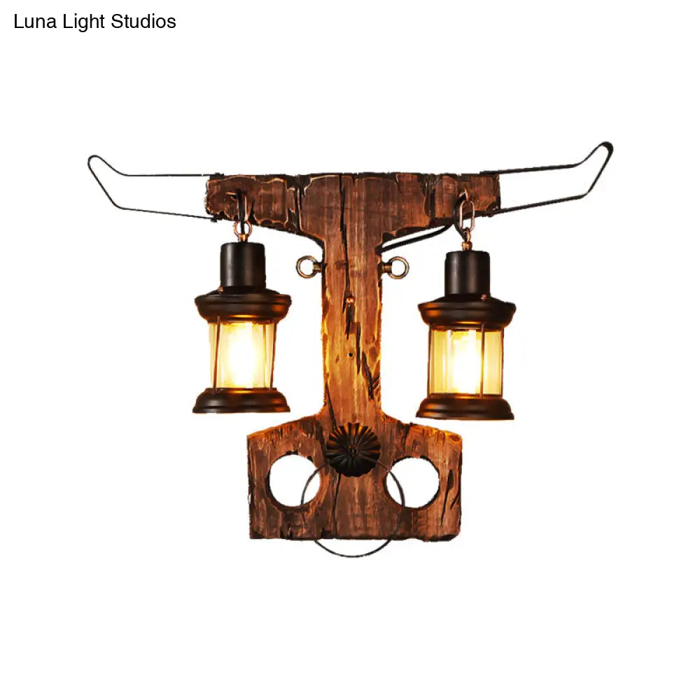 Black Rustic Lantern Sconce Light Fixture With Clear Glass - 2-Light Wall Lamp Wooden Backplate