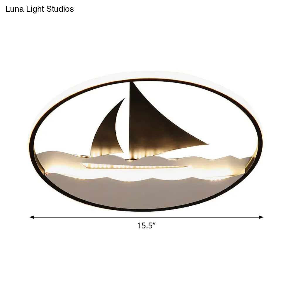 Black Sailboat Flushmount Lamp For Kids Rooms - Ocean-Themed Led Fixture