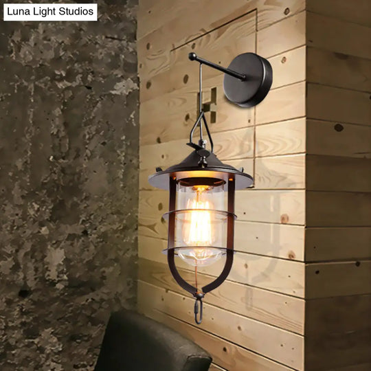 Black Sconce Lamp: Clear Glass Capsule 1-Light Traditional Wall Mount With Cage