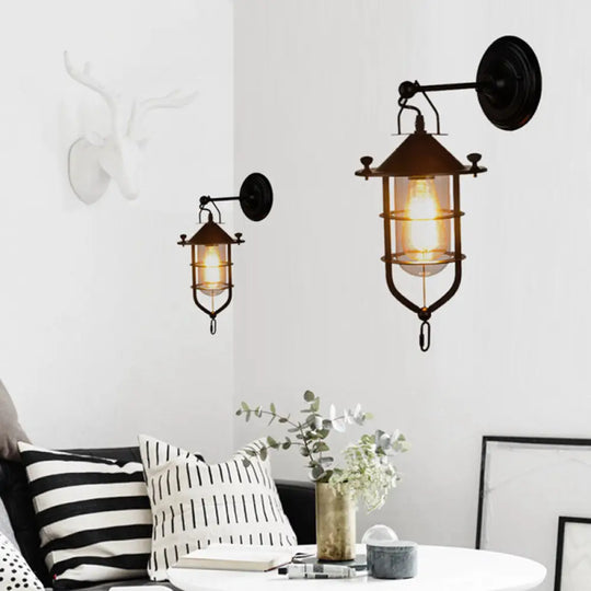 Black Sconce Lamp: Clear Glass Capsule 1-Light Traditional Wall Mount With Cage