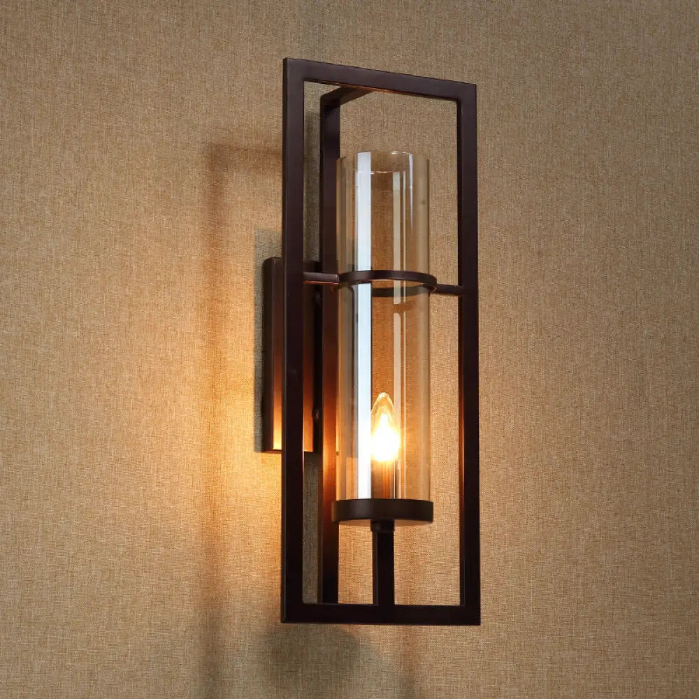 Black Sconce Light Fixture With Amber Glass And Metal Frame - 1-Light Farmhouse Wall Mounted