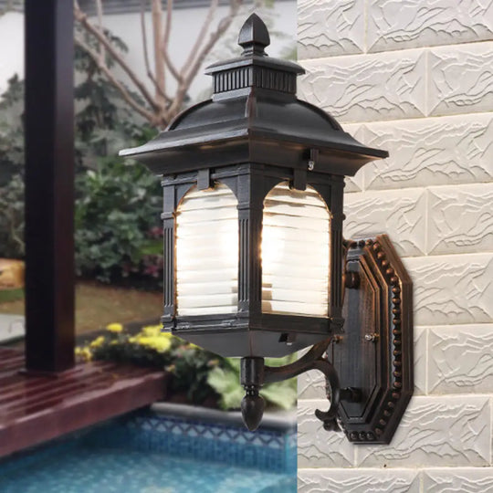 Black Sconce Light Fixture With Ribbed Glass And Wall Mount For Lodges Pavilions