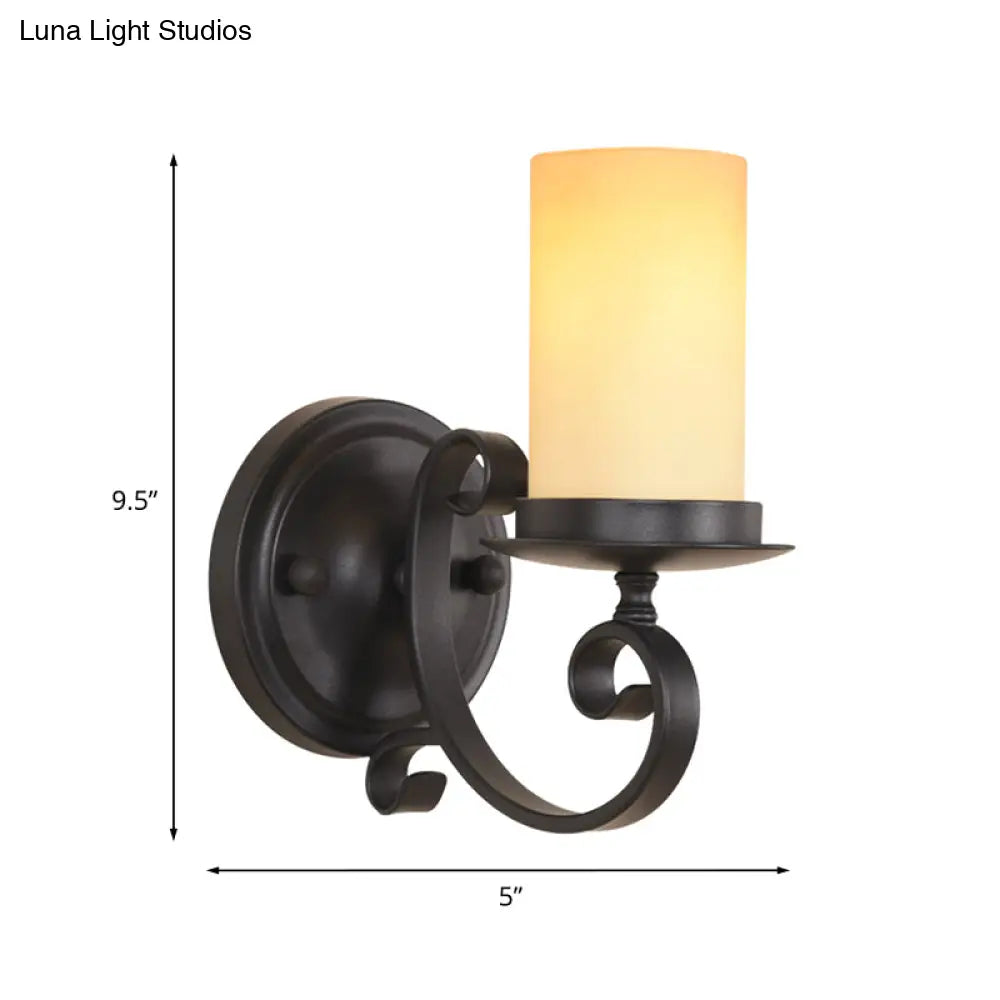 Black Scroll Arm Wall Lamp With Frosted Glass - Countryside Style For Living Room