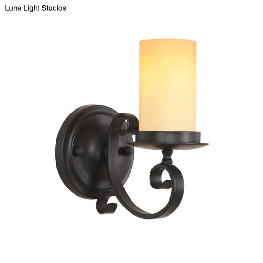 Black Scroll Arm Wall Lamp With Frosted Glass - Countryside Style For Living Room