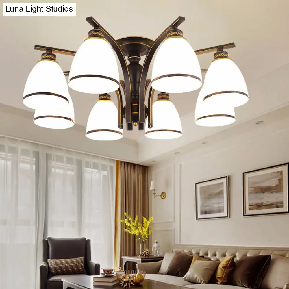 Black Semi Flush Ceiling Light With Minimalist Bell Shape Cream Glass - Ideal For Dining Room