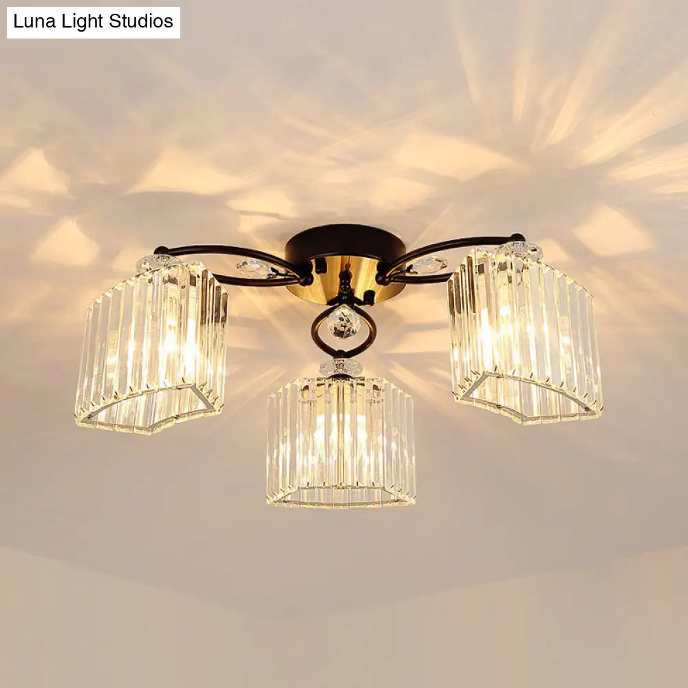 Black Semi Flush Mount Light With Clear Prismatic Crystal For Modern Branch Style 3 /