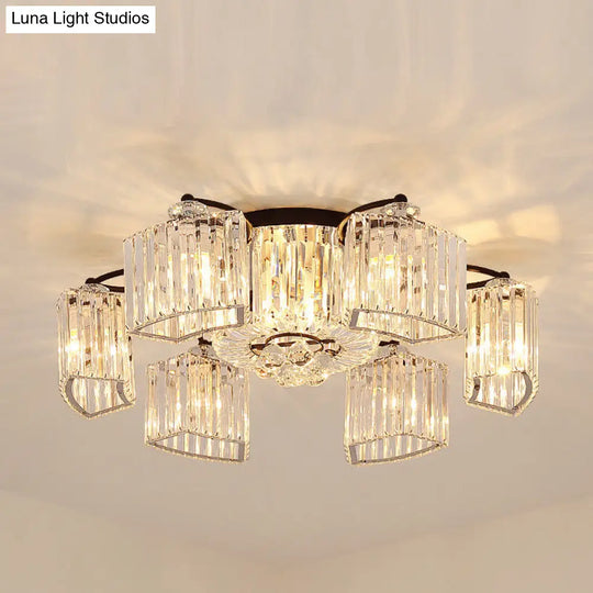 Black Semi Flush Mount Light With Clear Prismatic Crystal For Modern Branch Style