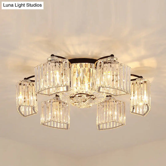 Black Semi Flush Mount Light With Clear Prismatic Crystal For Modern Branch Style