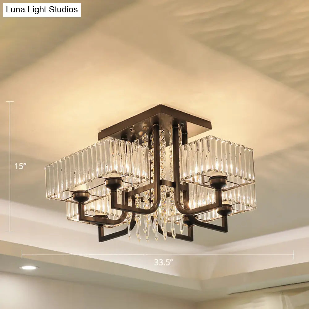 Black Semi Flush Mount Light With Prismatic Crystal For Living Room - Contemporary Rectangle Ceiling