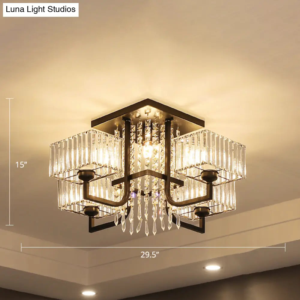 Black Semi Flush Mount Light With Prismatic Crystal For Living Room - Contemporary Rectangle Ceiling