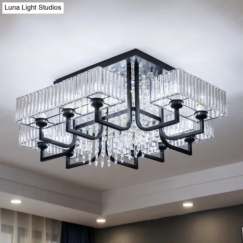 Black Semi Flush Mount Light With Prismatic Crystal For Living Room - Contemporary Rectangle Ceiling