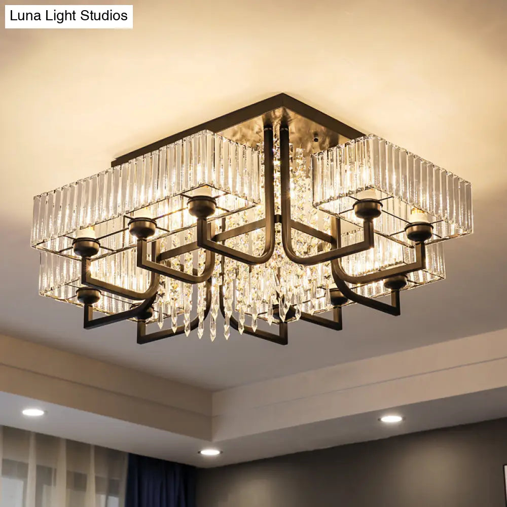 Black Semi Flush Mount Light With Prismatic Crystal For Living Room - Contemporary Rectangle Ceiling