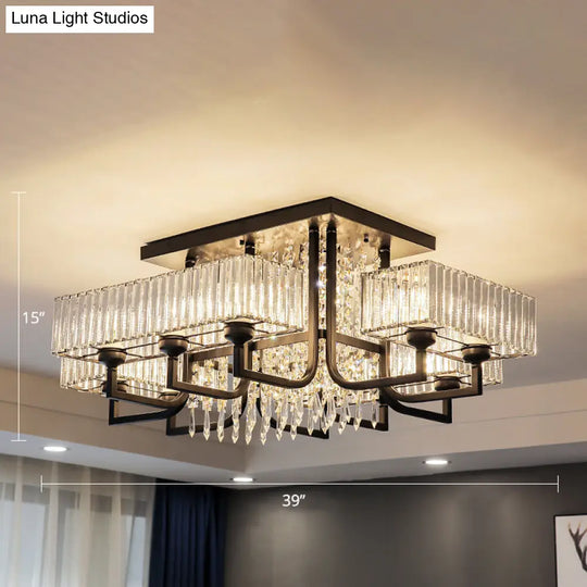 Black Semi Flush Mount Light With Prismatic Crystal For Living Room - Contemporary Rectangle Ceiling