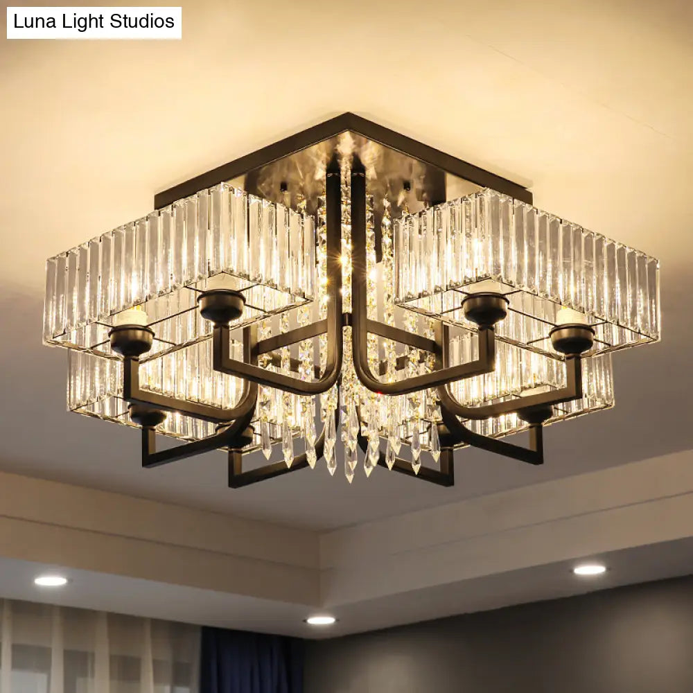 Black Semi Flush Mount Light With Prismatic Crystal For Living Room - Contemporary Rectangle Ceiling