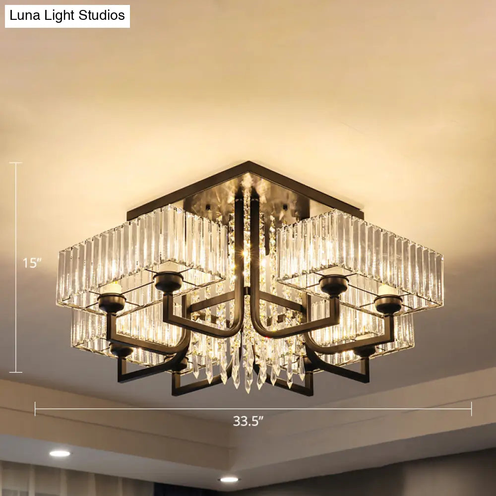 Black Semi Flush Mount Light With Prismatic Crystal For Living Room - Contemporary Rectangle Ceiling