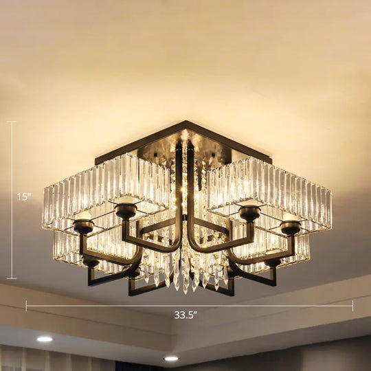 Black Semi Flush Mount Light With Prismatic Crystal For Living Room - Contemporary Rectangle