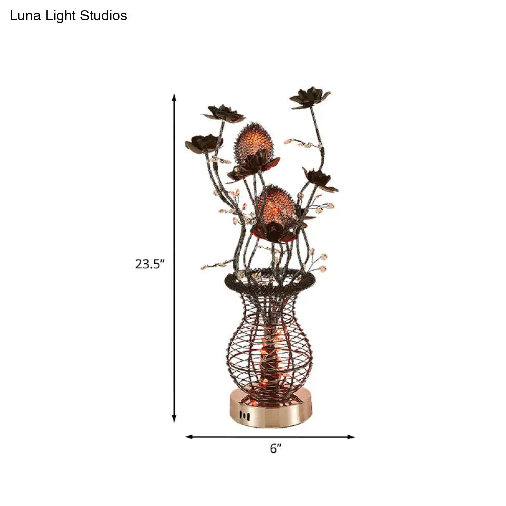 Black-Silver Led Vase Table Lamp: Artistic Aluminum Desk Light With Flower Detail