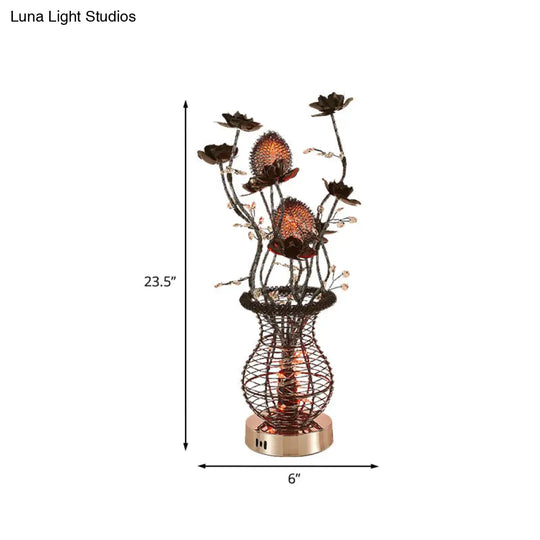 Black-Silver Led Vase Table Lamp: Artistic Aluminum Desk Light With Flower Detail