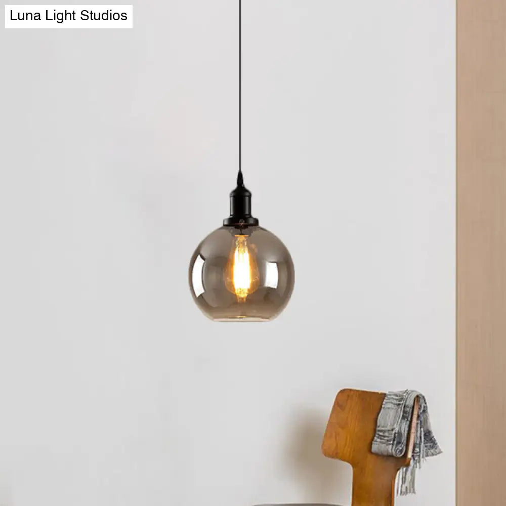 Black Single-Light Pendant Ceiling Light With Smoked Glass Globe - Farmhouse Lighting
