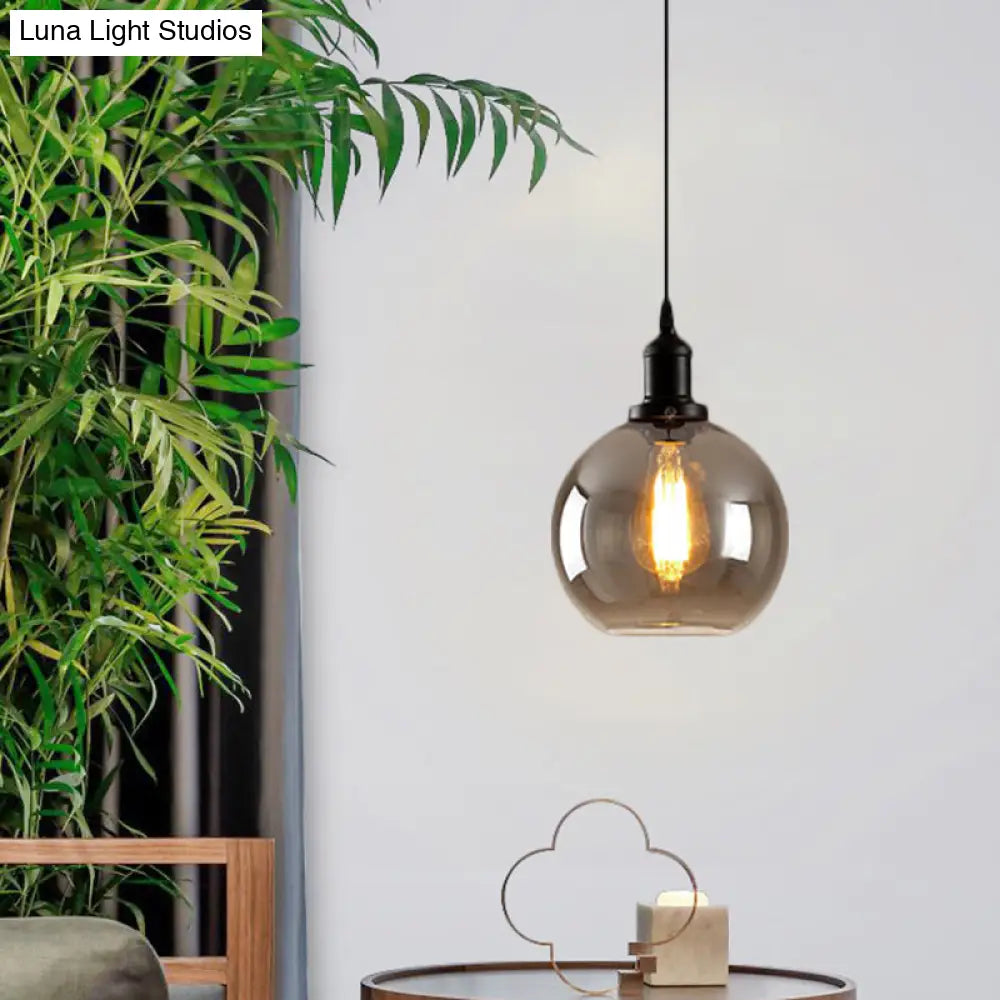 Black Single-Light Pendant Ceiling Light With Smoked Glass Globe - Farmhouse Lighting