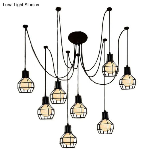 Black Spider Iron Multi-Light Pendant Industrial Lighting With Grenade Cage For Restaurants - 8