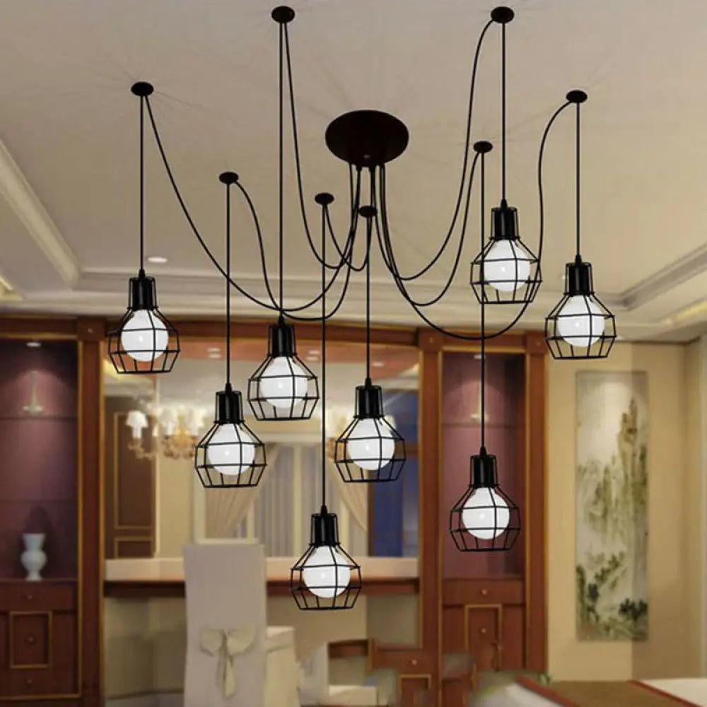 Black Spider Iron Multi-Light Pendant Industrial Lighting With Grenade Cage For Restaurants - 8