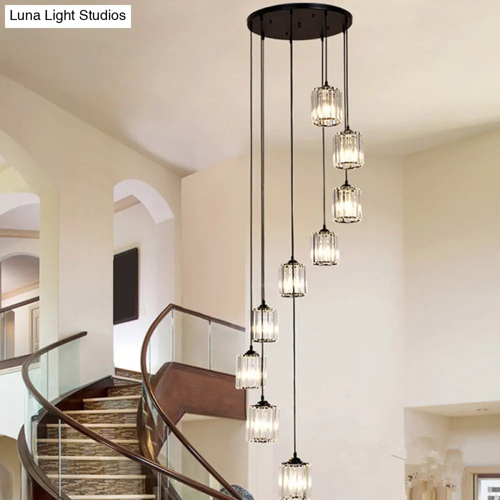 Black Spiral Crystal Pendant Light With Modern Staircase Design - Multi Hanging Fixture