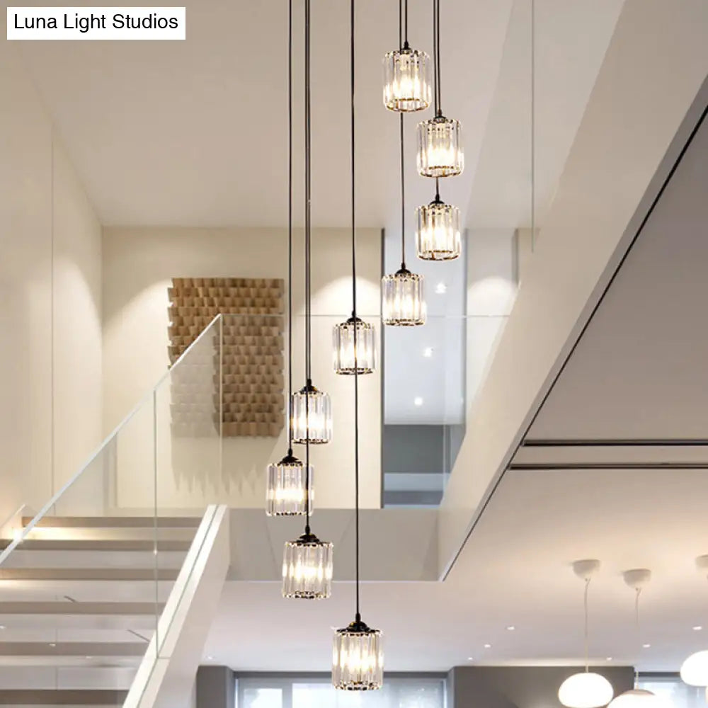 Black Spiral Crystal Pendant Light With Modern Staircase Design - Multi Hanging Fixture