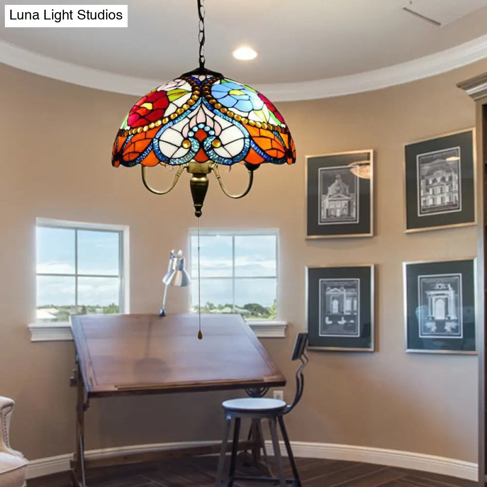 Victorian 3-Head Stained Glass Bowl Pendant Lamp - Black Ceiling Hanging Light With/Without Pull