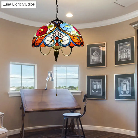 Victorian 3-Head Stained Glass Bowl Pendant Lamp - Black Ceiling Hanging Light With/Without Pull