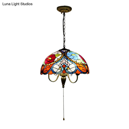 Victorian 3-Head Stained Glass Bowl Pendant Lamp - Black Ceiling Hanging Light With/Without Pull