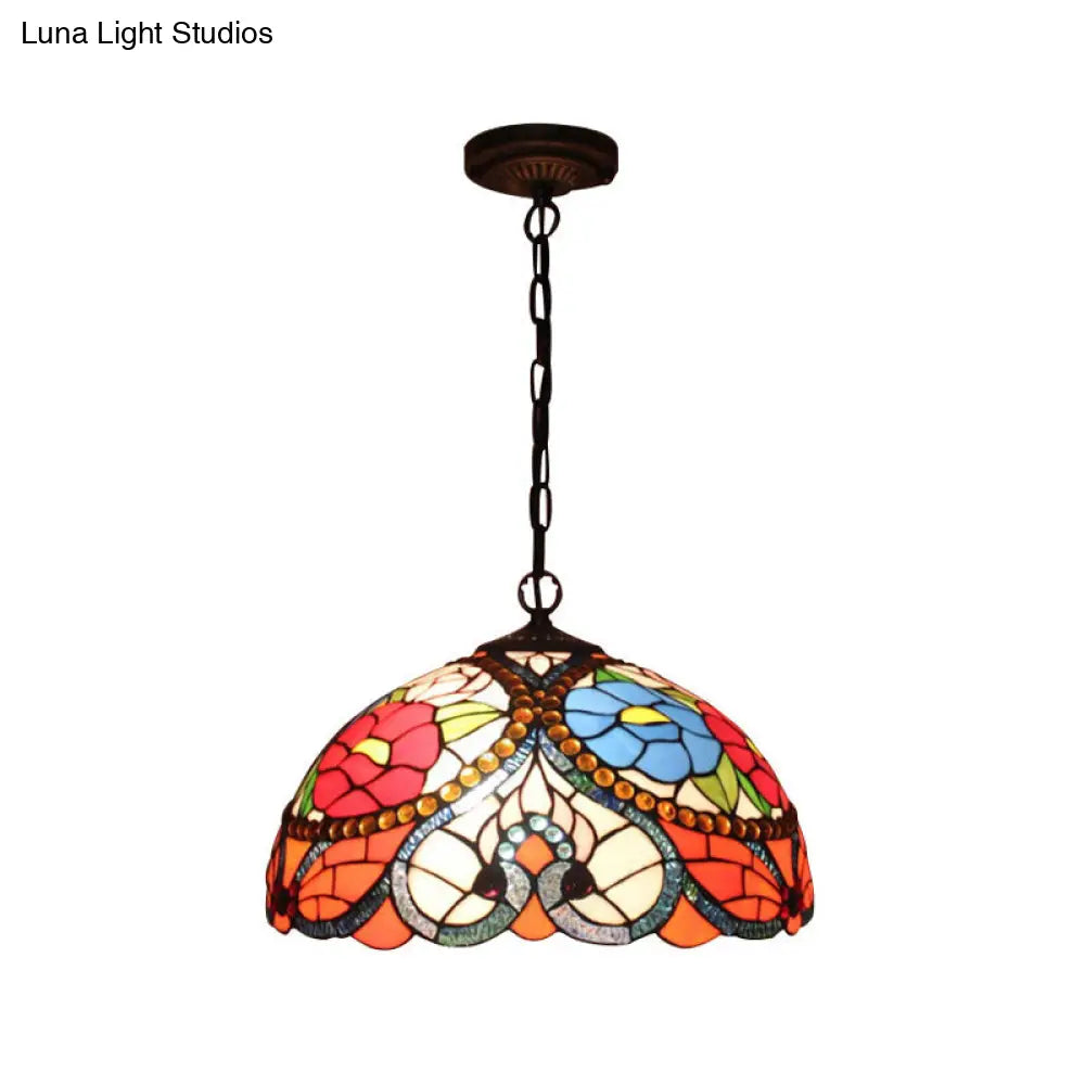 Victorian 3-Head Stained Glass Bowl Pendant Lamp - Black Ceiling Hanging Light With/Without Pull