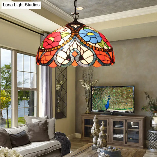 Victorian 3-Head Stained Glass Bowl Pendant Lamp - Black Ceiling Hanging Light With/Without Pull