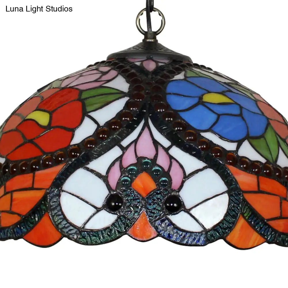 Victorian 3-Head Stained Glass Bowl Pendant Lamp - Black Ceiling Hanging Light With/Without Pull